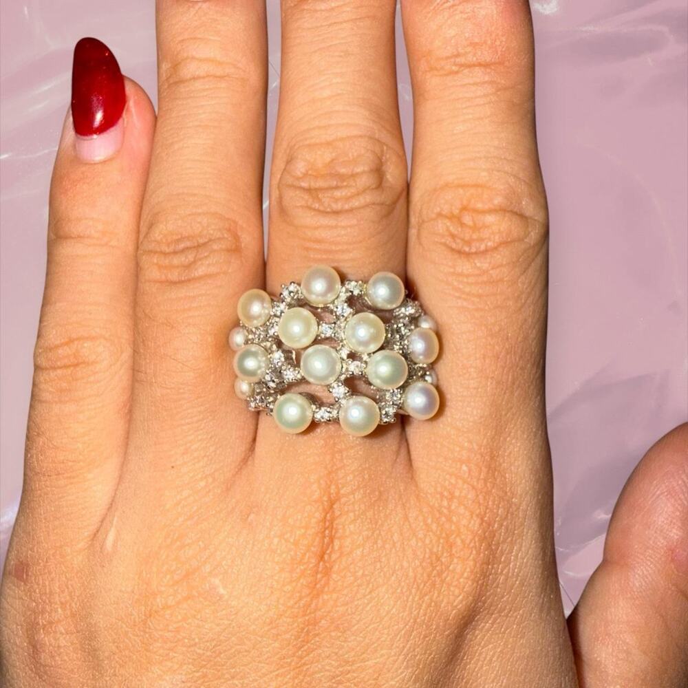 Y2K fairycore 925 Sterling Silver pearls ring with sparkling gems romantic